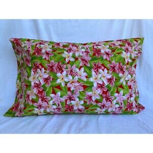 Red Pillowcase with Pink and White Plumerias | Handmade | 100% Cotton